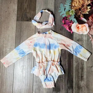 Jessica Simpson Toddler Girl Tie-Dye Ruffle One Piece Swimsuit & Headband Sz 24m